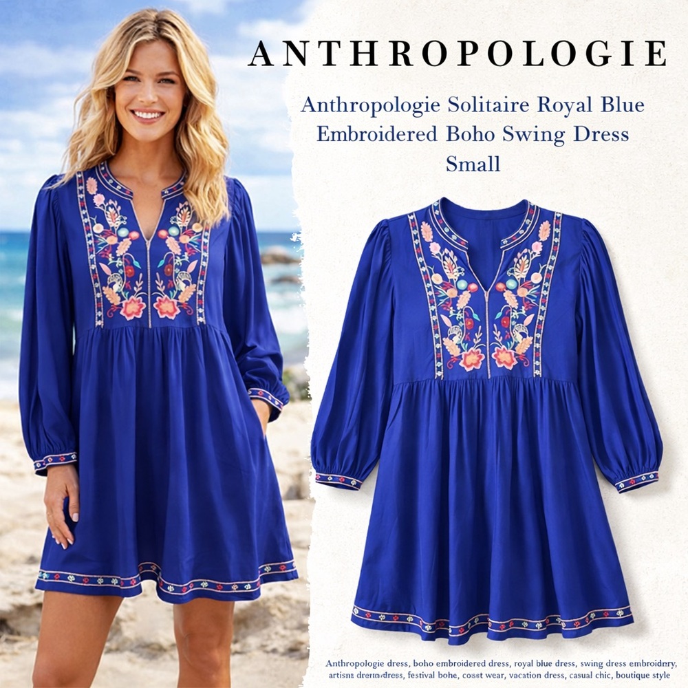 Anthro’s Solitaire,Gorgeous,Embroidered Striking Royal Blue Swing Dress,Size S